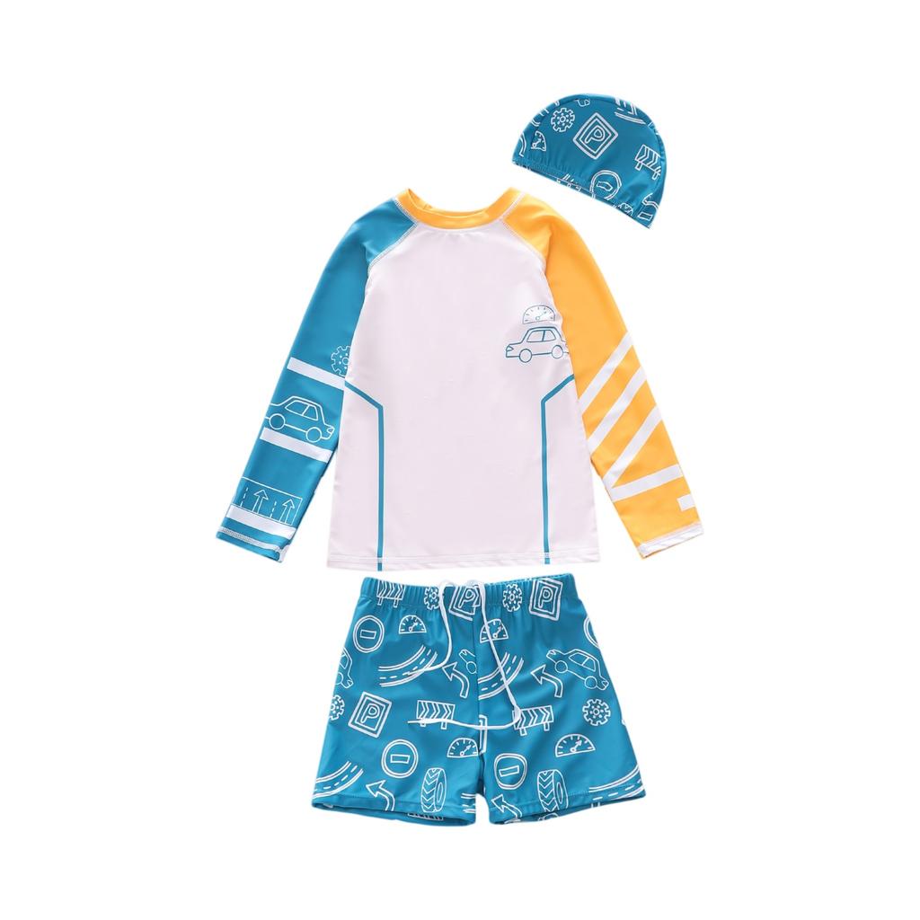 Boys Three Piece Swimwear Set Long Sleeve Rash Guard Swim Shirt Swim Shorts and Swim Cap Cartoon Print Lightweight Quick Dry