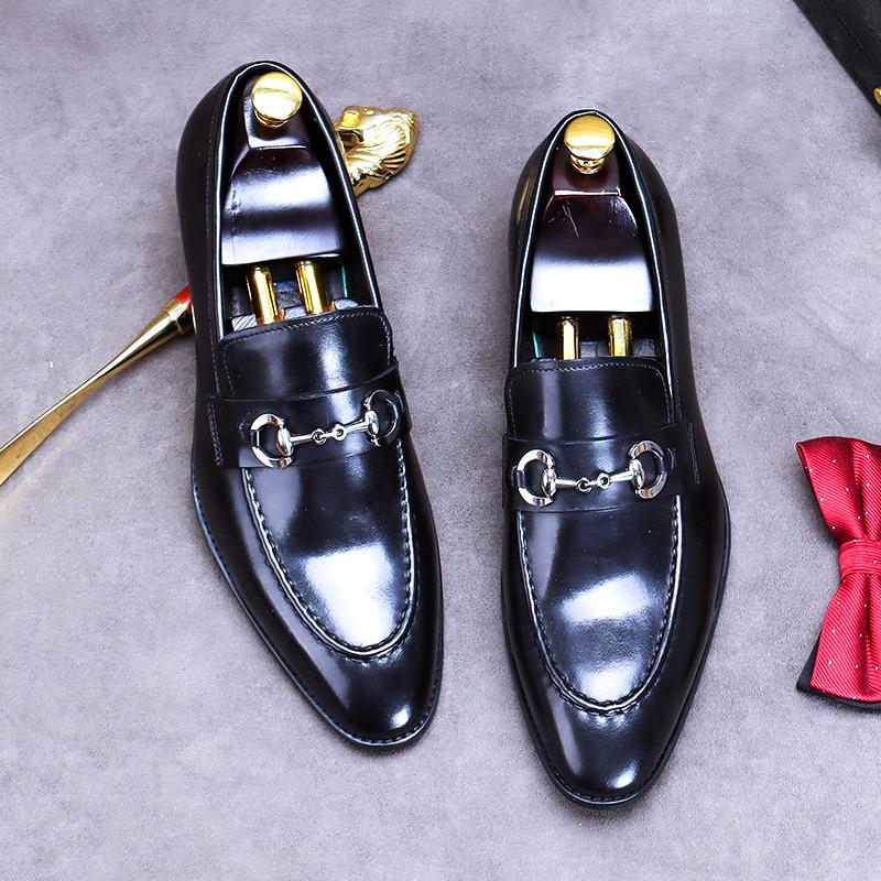 Fashion Plus Size 38-46 Black Mens Loafers Casual Business Shoes With Metal Decorated Genuine Leather Wedding Dress Shoes