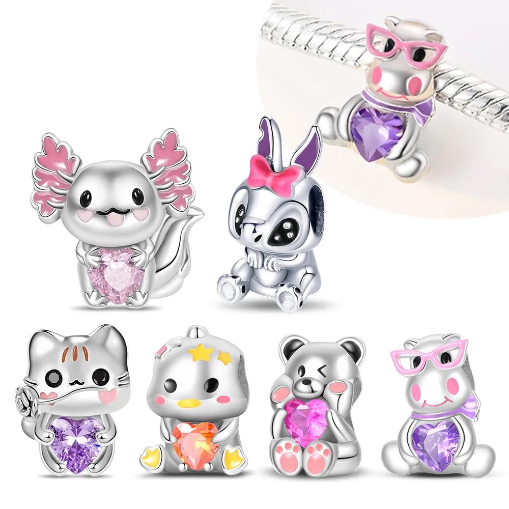 Copper Pink Cat Duck Cute Carton Charms Beads Fit Original Pandora Bracelets Diy Charm Bead For Women Fine Jewelry