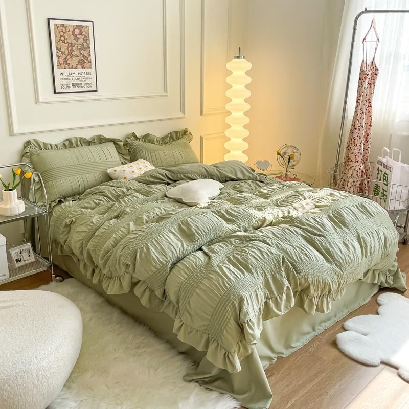 

White Ruffled Seersucker Single Queen King Duvet Cover Set 3/4pcs Soft Green Pink Grey Bedding Set With Bed Sheet Pillowcases Fitted Bed Sheet&Twin Size 3pcs