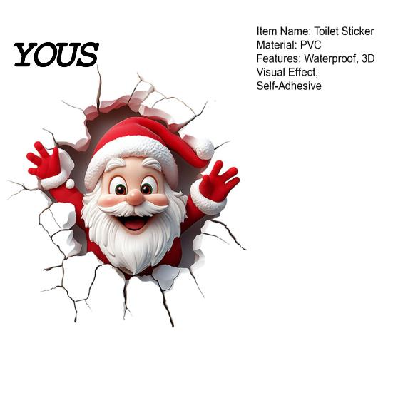Removable PVC Mural Christmas Toilet Sticker, Funny Santa Claus Lid Tank Bathroom Holiday Decorations Self-Adhesive 3D Hole Waterproof Decal