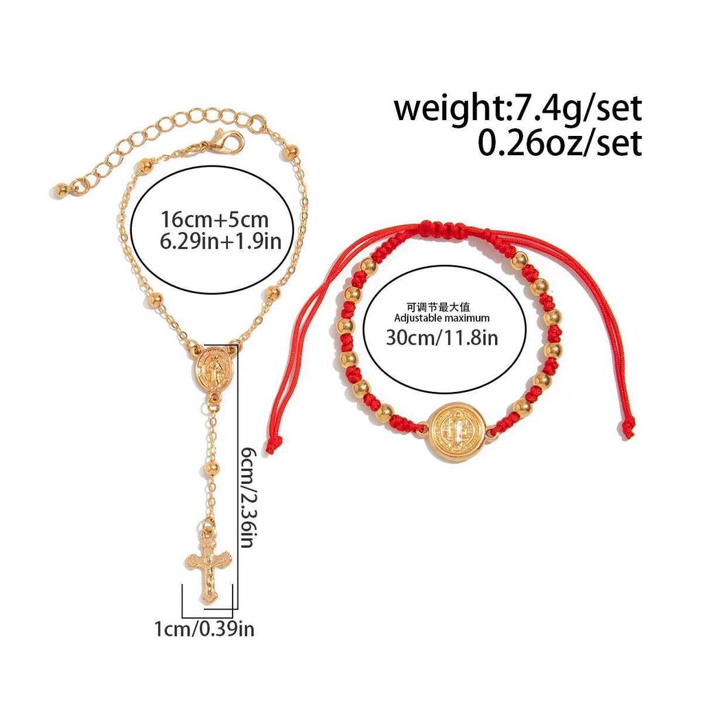 KunJoe 2Pcs/Set Vintage Jesus Cross Pendant Bracelet for Women Adjustable Red Woven Rope Bracelet Female Gift Christmas Jewelry