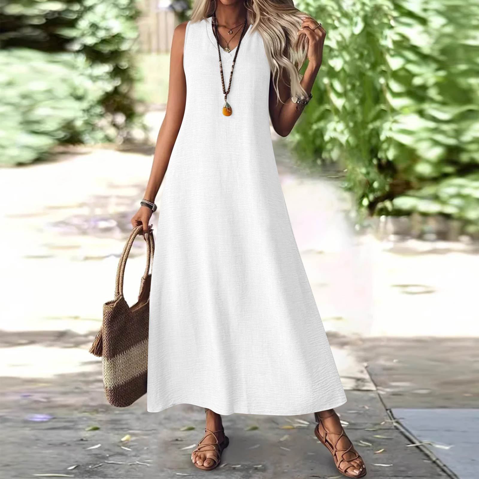 Women s Sleeveless V-Neck Long Maxi Dress S белый