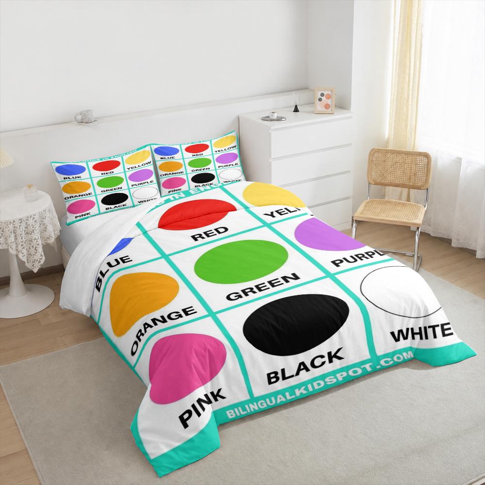 Colours in English Color Learning Chart Bedding set (1 duvet cover, 2 pillowcases, duvet not included), Rainbow Circles Art Print
