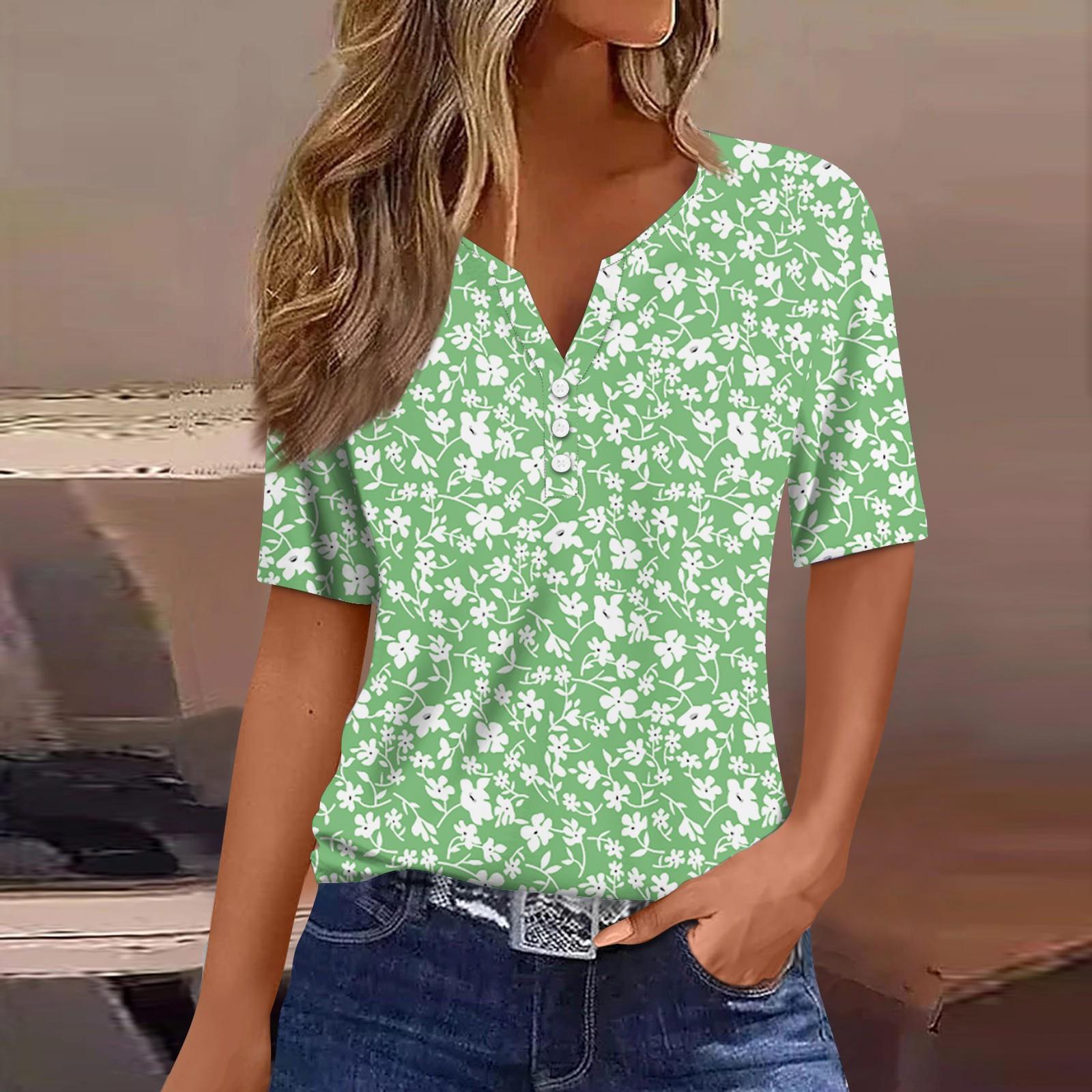 

Жен. Футболка Футболка С принтом Пуговицы С короткими рукавами Повседневные Выходные Мода Классический V-образный вырез Обычный Верх XL зелёный