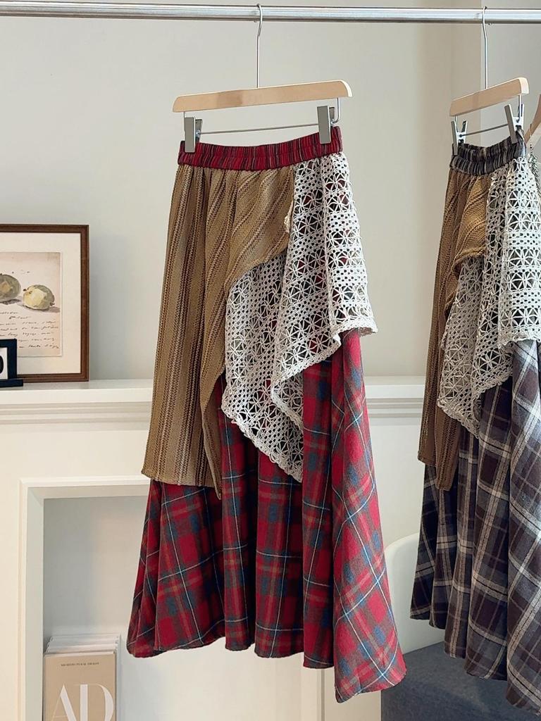 Autumn/Winter 2025 Women's Layered Irregular Color Block Plaid Midi Skirt