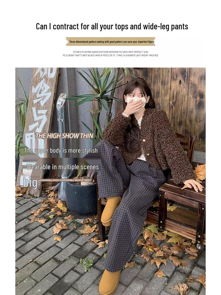 Women's High-Waisted Black and Gray Retro Plaid Wide-Leg Pants - Autumn/Winter 2024 Korean Style Slimming Casual Wear