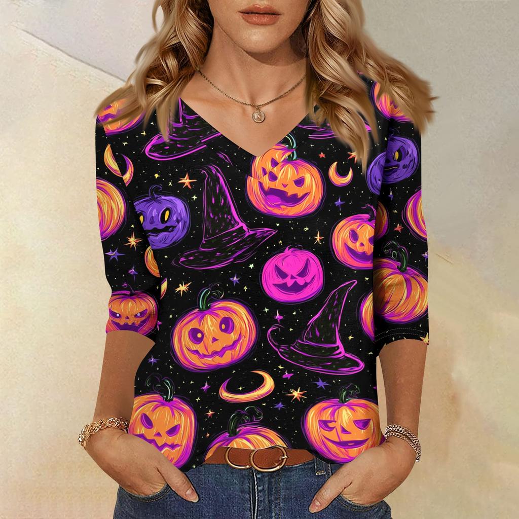 Women's Casual Halloween Print V Neck Three Quarter Sleeve Top Lightweight Soft Fabric Comfortable Fit Stylish Fall Shirt