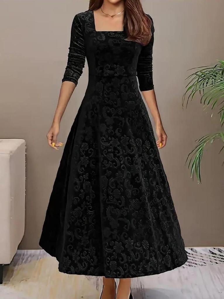 Elegant Embossed Long Sleeve Square Neck Dress - Women's Autumn/Winter Fashion