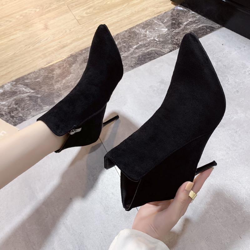 Mode Kuhvelours Mid-Calf Stiefel Herbst Neu Spitzzehe Pop-up Rutschfest Abriebfest Stilettoabsätze