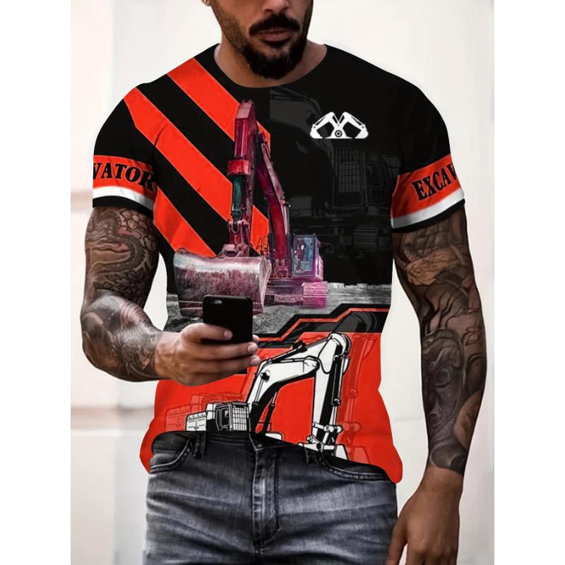 Summer Fashion Excavator Pattern Printed Men's T-shirt Short sleeved Daily Outdoor Leisure Round Neck Short Sleeve