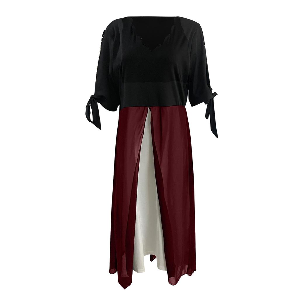 Women Plus Size 3/4 Sleeves V Neck Chiffon Panel Contrast Cocktail Semi Formal Play Dress