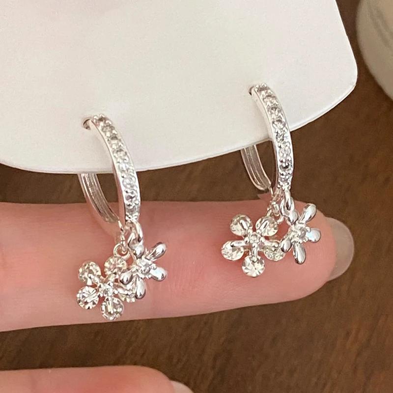 

Real 925 Sterling Silver 18K Gold Zircon Flower Pendant Hoop Earrings for Women Cute Fine Jewelry Minimalist Accessories