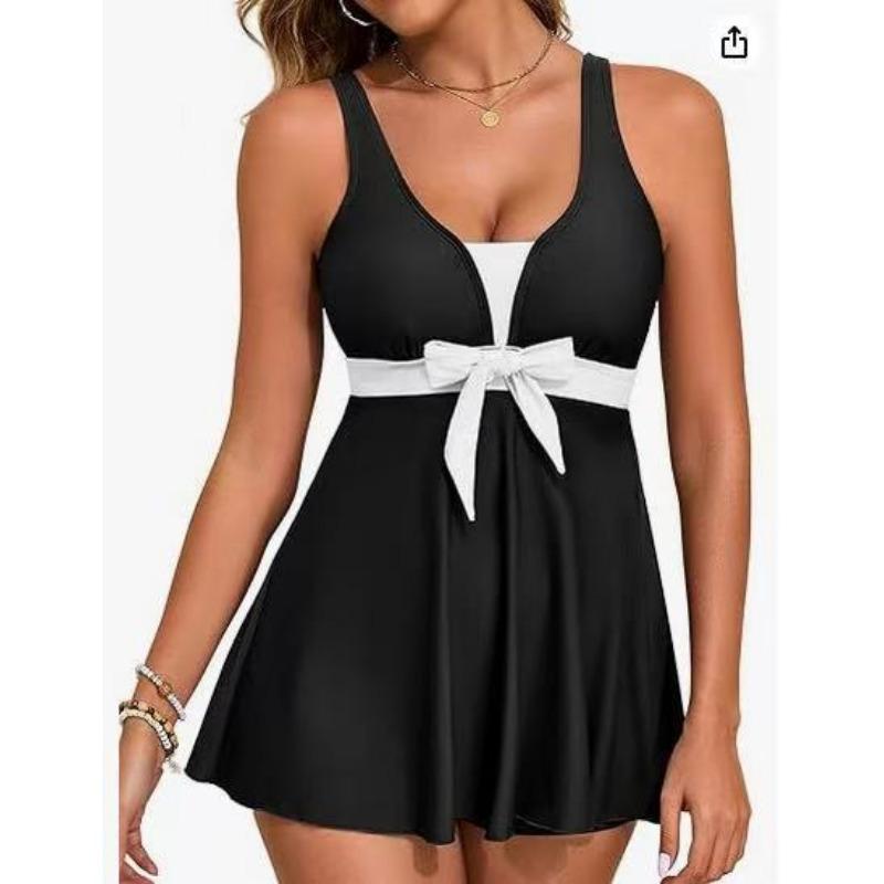 Women's Black and White Color Block Adjustable Strap Two-Piece Swim Dress Set