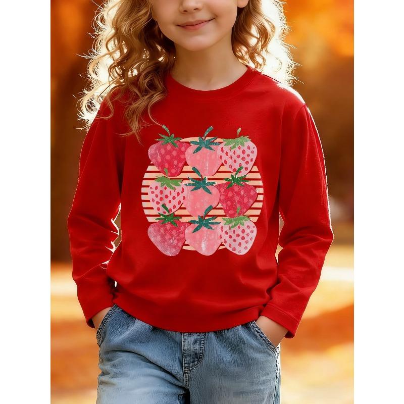 Girls Long Sleeve Top, Fashionable Long Sleeve T-Shirt with Strawberry Print, Cute Design 110 красный