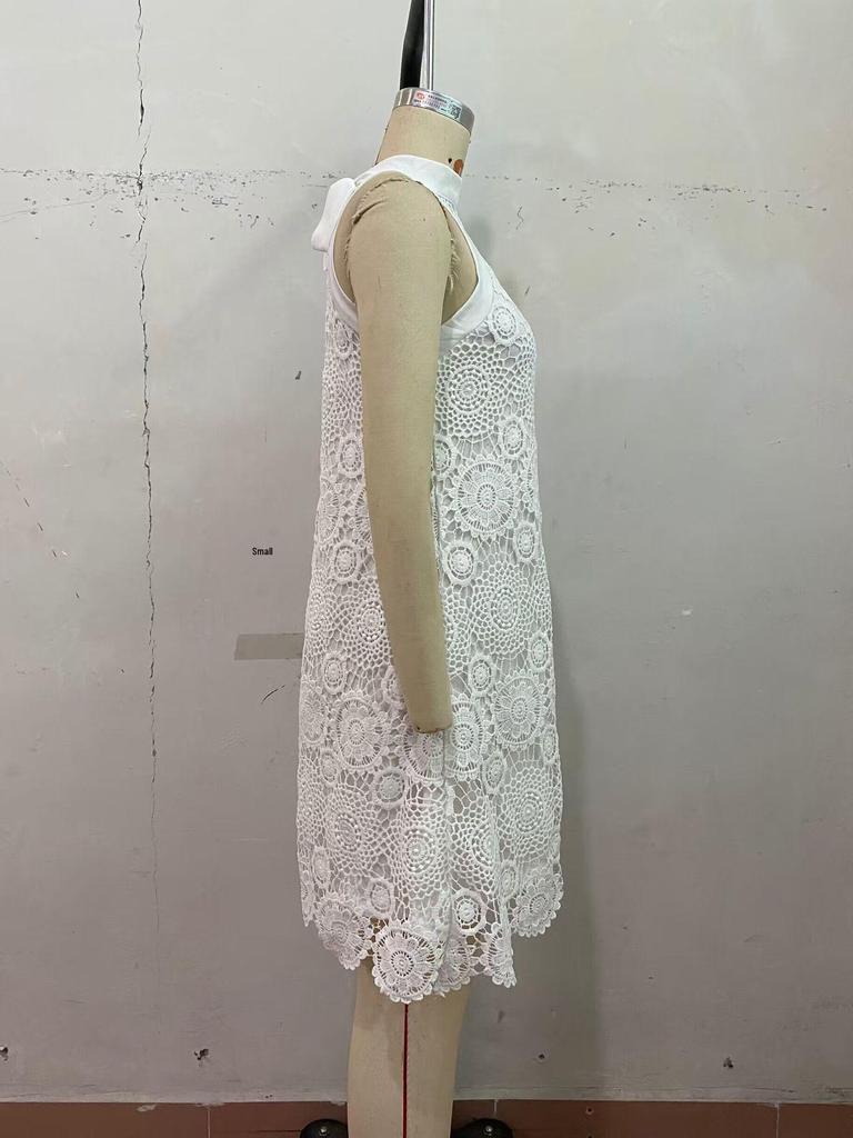 European & American Summer 2026 Sweet Holiday Halter Neck Jacquard Sleeveless White Dress