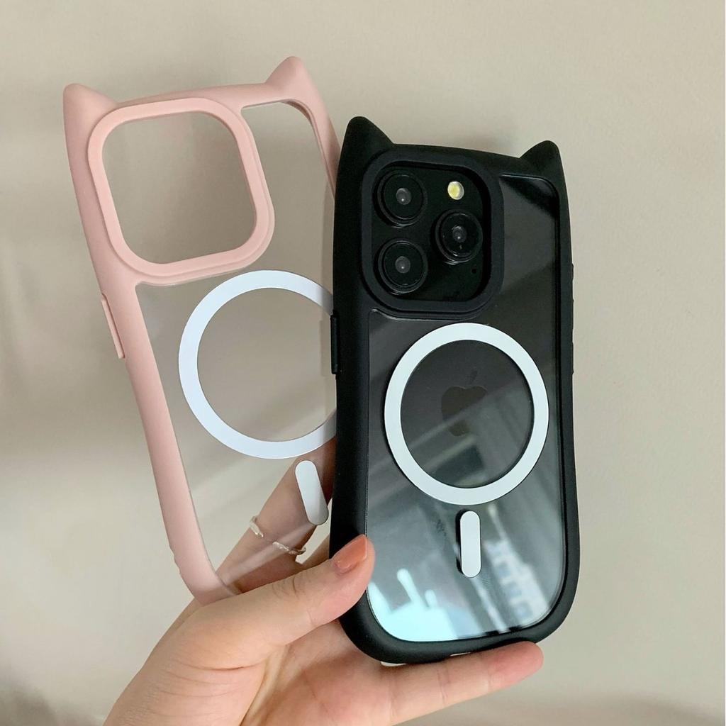 Cat Ear Magnetic Suction Suitable for Apple 16Pro Mobile Phone Case Transparent Iphone15 Silicone Acrylic Anti-fall Hard I14