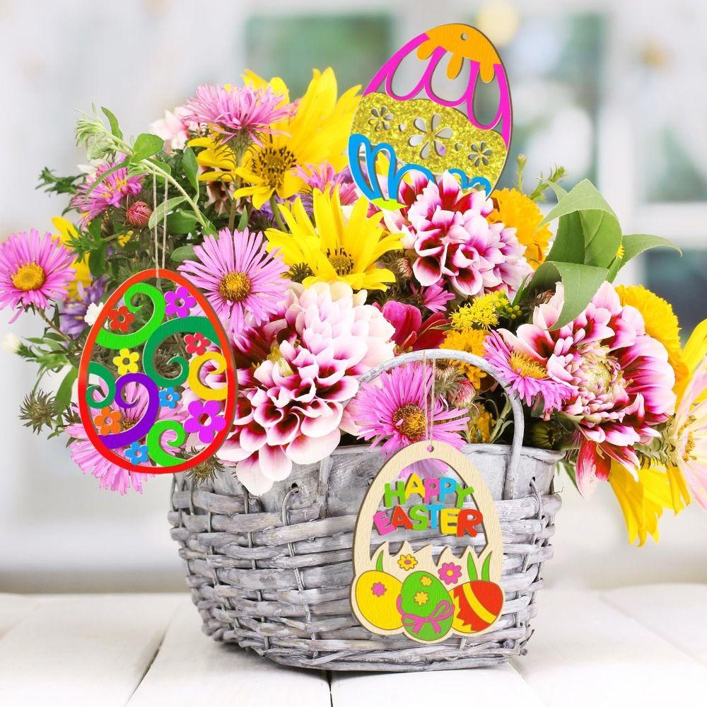 20Pcs/Set DIY Wooden Easter Ornaments To Paint Blank Ropes Unfinished Wood Egg Cutouts Ornament Crafts Hanging Decorations