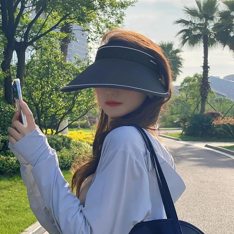Women Summer Wide Brim Sun Hat Outdoor Ponytail Empty Top UV Protection Cap Female Lady Tour Beach Foldable Sunscreen Hats