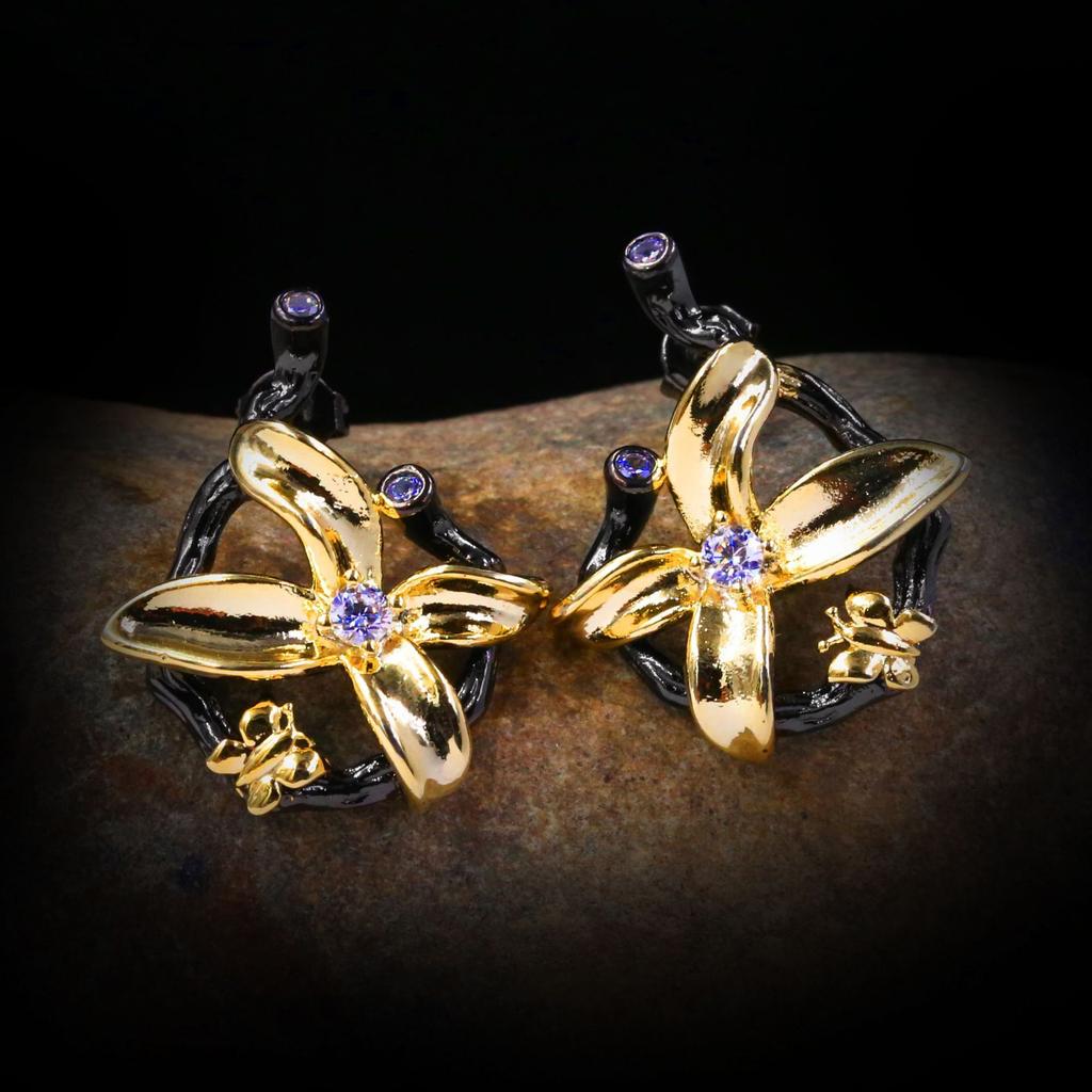 High sense of luxury earring super flash purple zircon gold bow Earring net red two-color black gold earrings for women