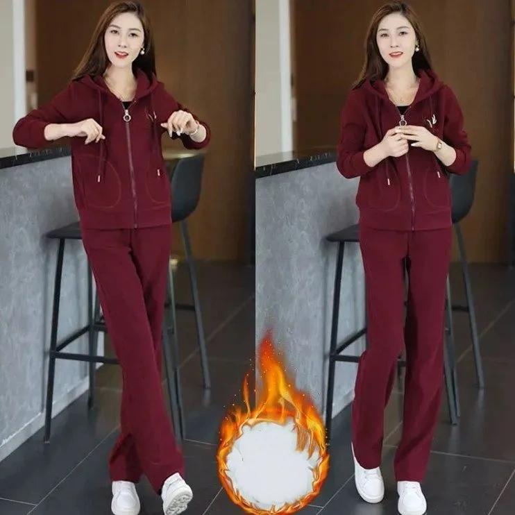 Plus Velvet Thickened Winter Casual Western Style Loose Hooded Sweater Sportswear Suit Mother Two-piece Winter