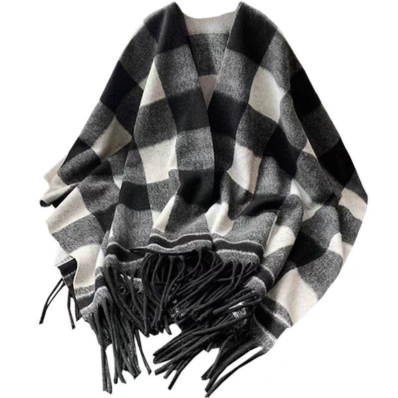 Elegant Ethnic Ink Painting Cape Shawl with Tassels - Versatile Travel Scarf Cloak