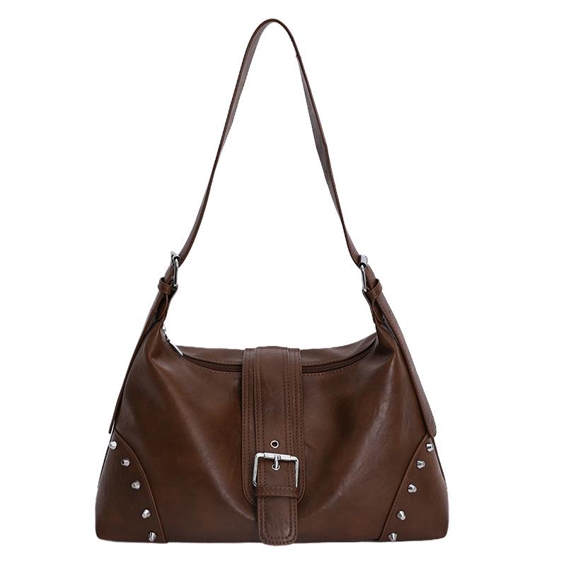 Women's Cross-Border Retro Motorcycle Bag with Rivet Decor & Belt Buckle - Stylish Single Shoulder Underarm Handbag