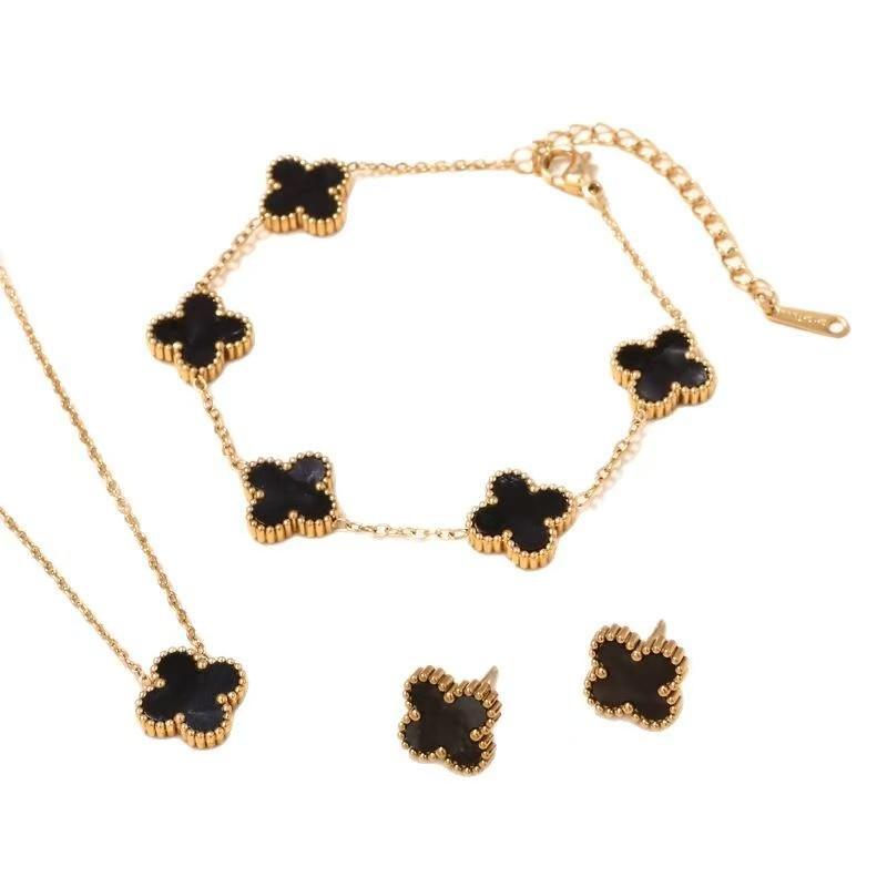 Náhrdelník 3ks jetelový set dámské z titanové oceli neblednoucí módní univerzální náušnice s řetízkem na klíční kost