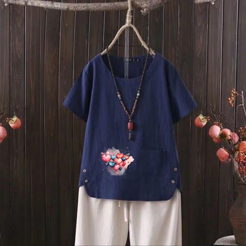 Women's Linen-Blend Graphic Tee, Vintage Short Sleeve Shirt, Summer Casual Top, S-4XL Sizes