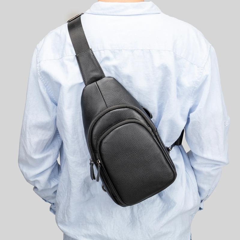 Real leather men's crossbody shoulder bag, fashionable, versatile, casual, portable, breathable, multi pocket chest bag