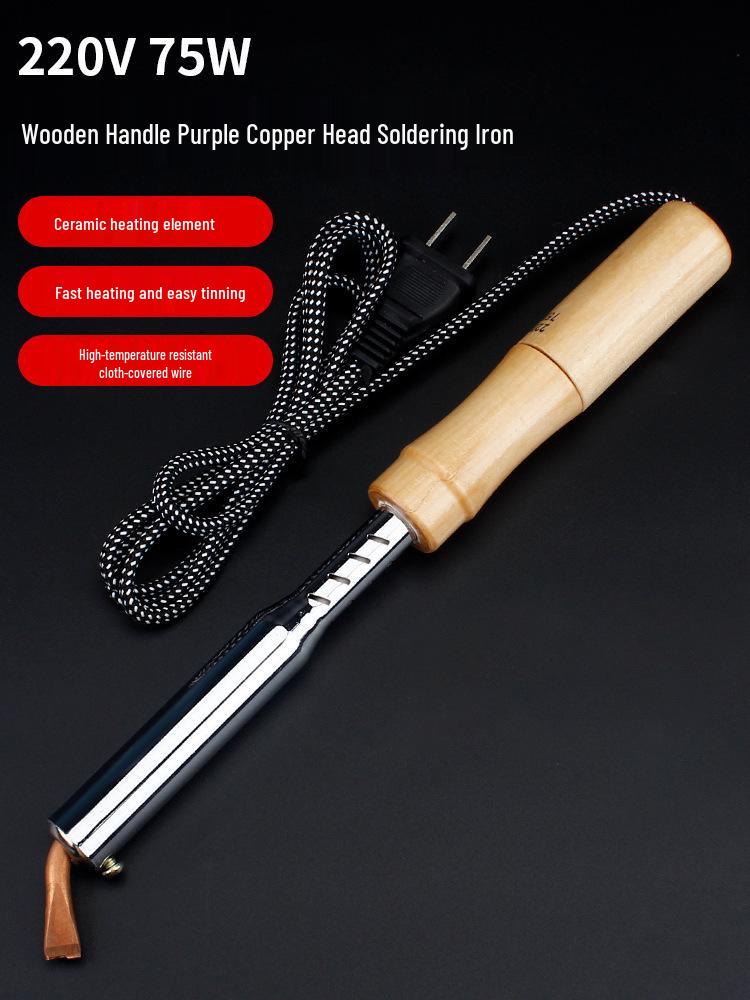 High-Power Electric Soldering Iron Set with Wood Handle - Purple Copper Bent Flat Tip for Household Electronics Repair.