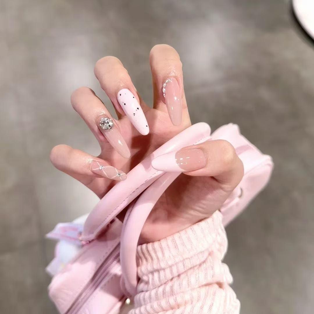 Elegant French Pink Polka Dot Handmade Wearable Nail Art Extra Small