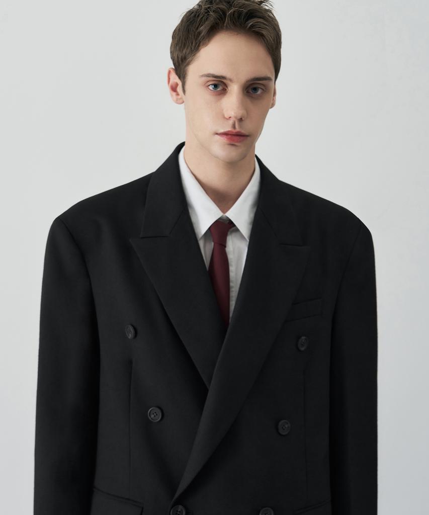 Draw Fit Dove Wool Tailored Double Blazer [Black]