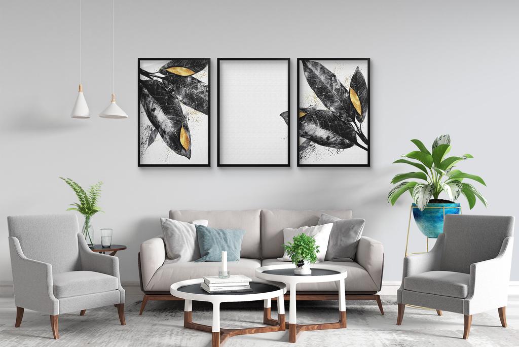 Zestaw Trzech Plakatów Obrazów na ścianę Ozdoba ścienna Czarne Liście