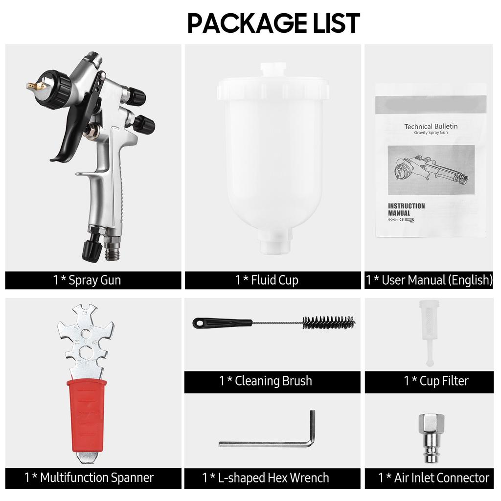 HVLP 1.0mm Air Spray Gun Kit 250cc Fluid Cup  Feed Air Paint Sprayer Mini Handheld 360 degree Paint Spraying Gun for