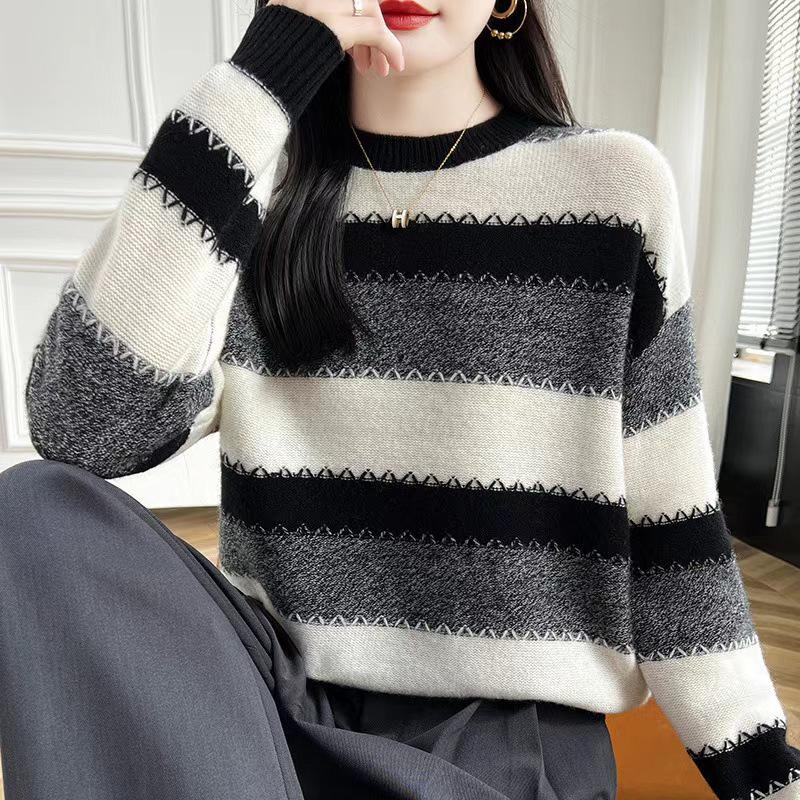 Women's Striped Round Neck Wool Sweater - Loose, Thick Knit, Lazy Style for Autumn and Winter