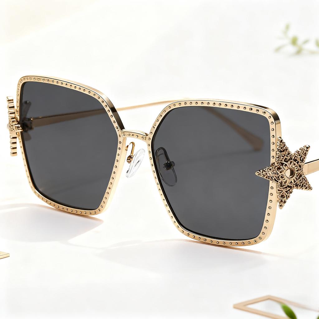 Fashion Square Oversized Sunglasses Vintage Stars Rhinestones Metal Frame Women Sun Glasses Travel Luxury Design Eyewear