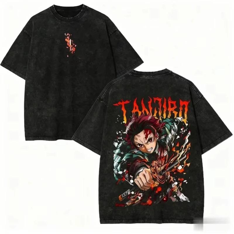 Hot Sale Demon Slayer Graphic Print T-shirt Men Women Vintage Washed Cotton Summer New Tee Streetwear Y2K City Style Cotton Loose Casual Oversized Top