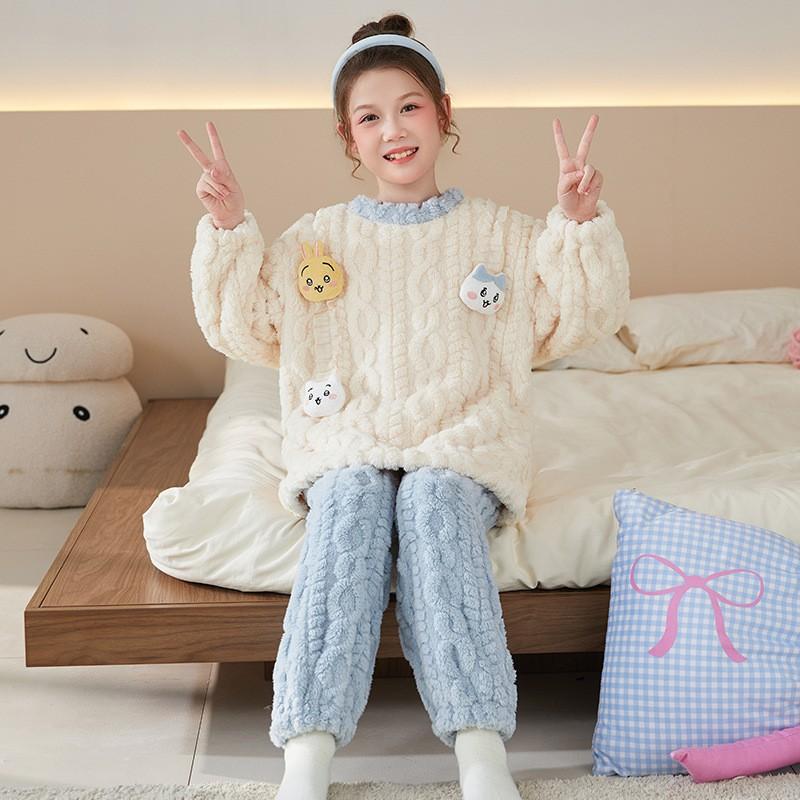Girls Winter Coral Fleece Pajama Set Cartoon Animal Print Thick Warm Sleepwear Ages 8