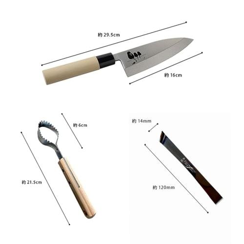 16cm Deba Knife Set with Scaler and Boner, Made in Japan, Tsubame-Sanjo, Japan, Cat Design, and Foil-Stamped Presentation Box (Vegetable Cat)