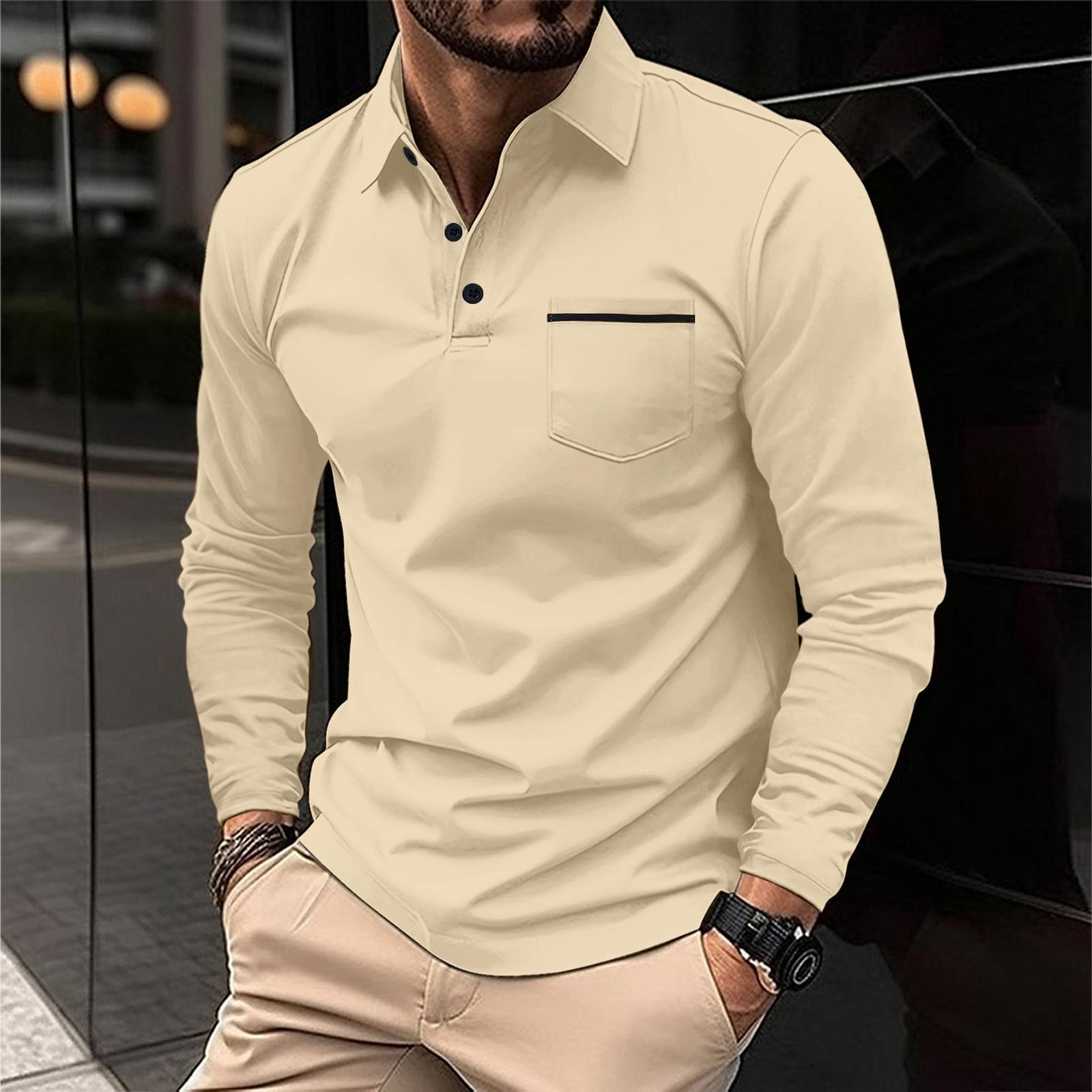 Tracy1 Heren Long Sleeve Polo Shirt Casual Knopenkraag Ontwerp Lichtgewicht Ademend Stof Klassieke Pasvorm Top L kaki