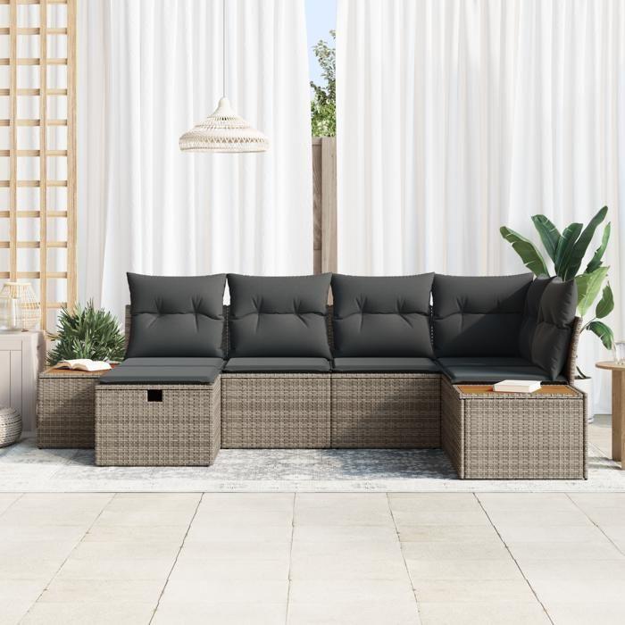 VidaXL Ensemble de Canapés de Jardin 6 Pièces avec Coussins Gris Rattan Poly 3359631