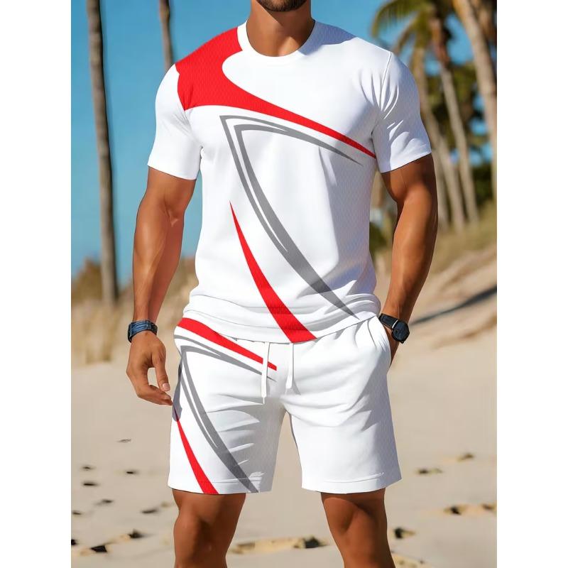 Men's O Neck Short Sleeved Shorts Set Summer Fashion Casual Sports Sets 3D Stripe Printed 2-piece Set