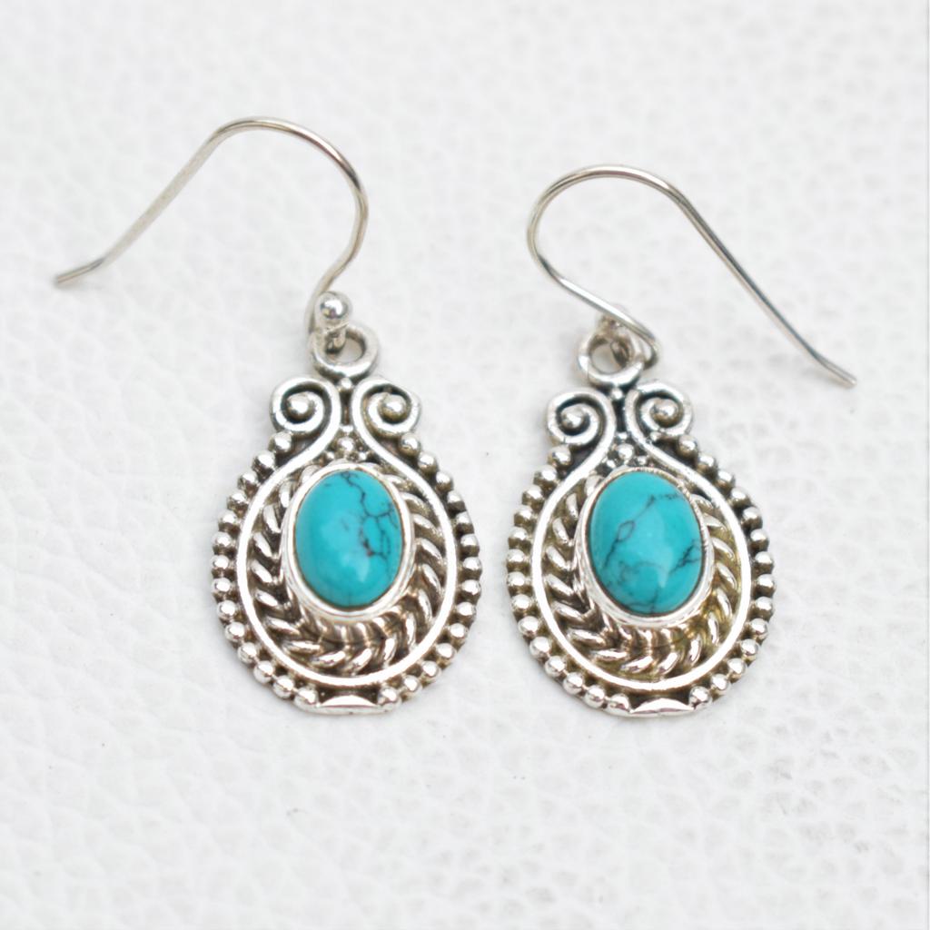 Natural Turquoise Earrings, Bohemian Earrings, 925 Sterling Silver Earrings, Oval Turquoise Earrings, Gift for Sister, Birthday Earrings