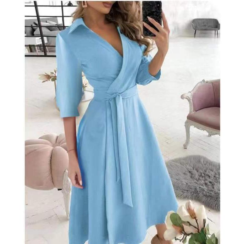 

New Spring Women s French Style Lapel V-Neck Dress, Long Sleeve Belted Waist Elegant Fashion Midi Dress for Office & Casual Wear XXXL світло-синій колір