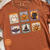 Cute Halloween Tee, Kawaii Ghost Cat Pumpkin and Bat Postage Stamp Shirt