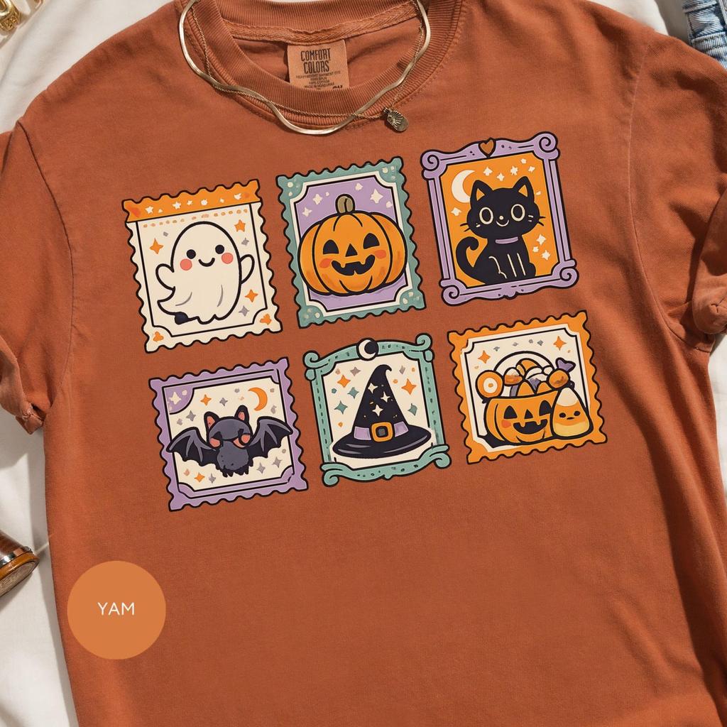 Cute Halloween Tee, Kawaii Ghost Cat Pumpkin and Bat Postage Stamp Shirt