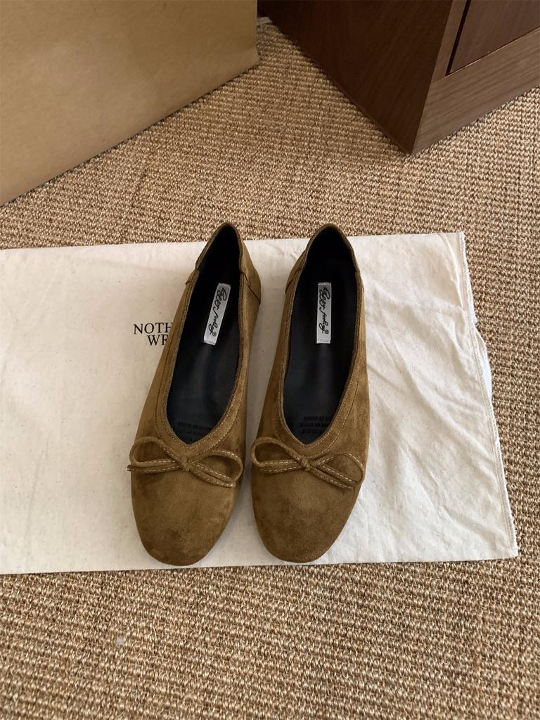 Vintage suede bow black commuter single shoes women's shoes 2025 autumn ballet flat French evening shoes