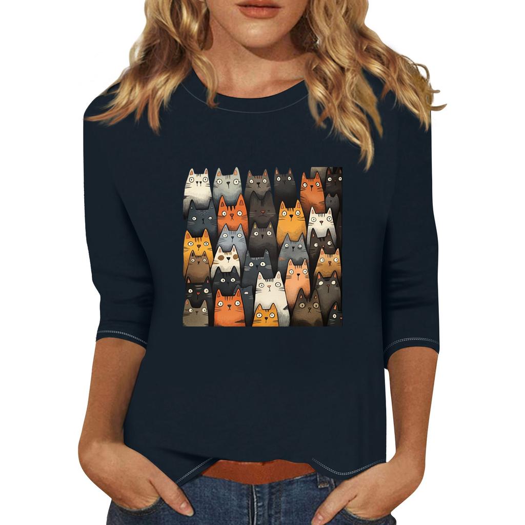 Women's Fashion Casual Three-quarter Sleeve Cat Print Round Neck Pullover Top