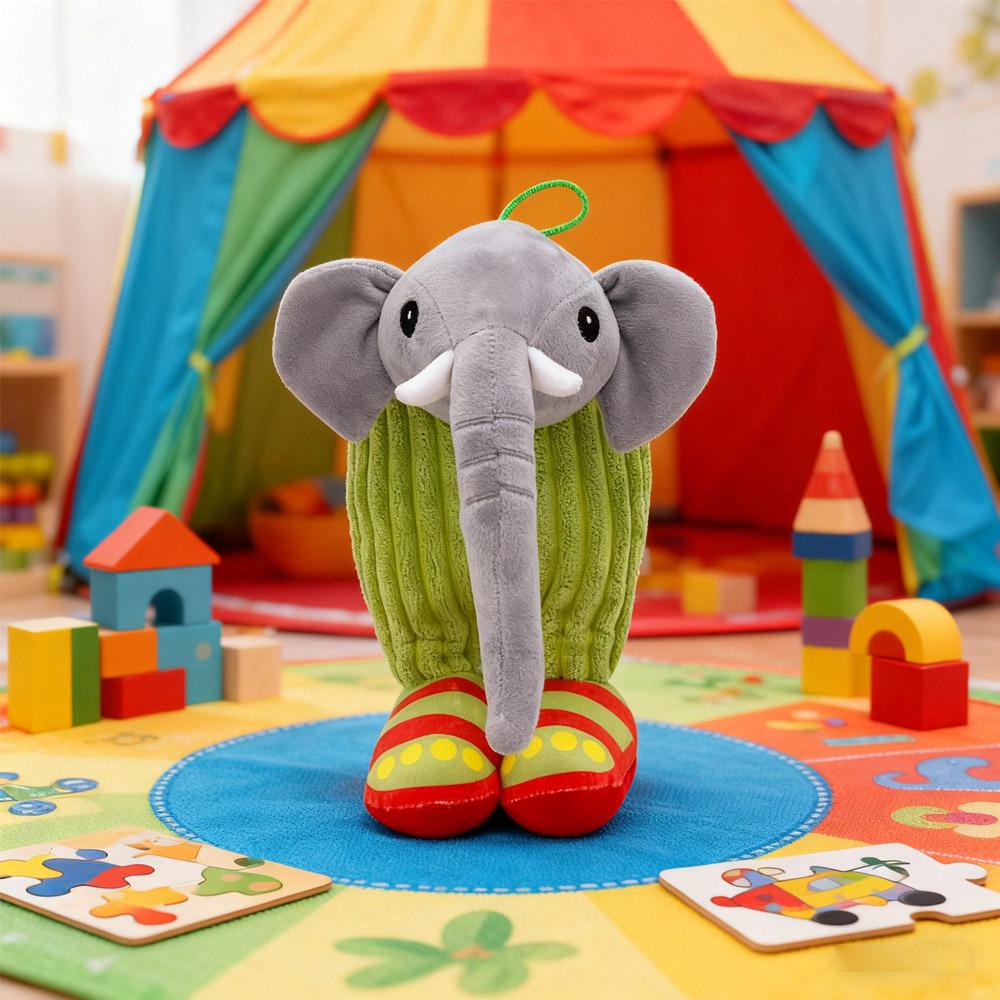 “Cartoon Stuffed Elephant Plush Toy Gray Head & Trunk with Green Striped Body Red-Yellow Polka Dot Feet